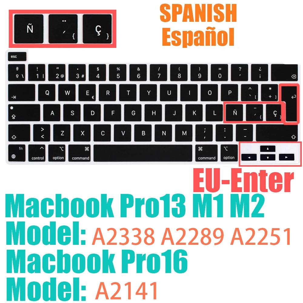 Keyboard Protective Film Silicone for 12-16' MacBook Air/Pro M1 M2 M3 Spanish Keyboard Cover Soft Protection Accessories Black