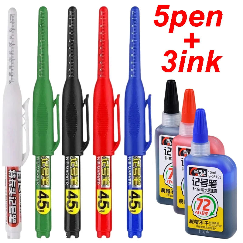 1-12 PCS 45mm Tip Waterproof Long Head Marker Pen Quick-Dry Ink for Woodworking Construction, Deep Hole White Black Red Blue