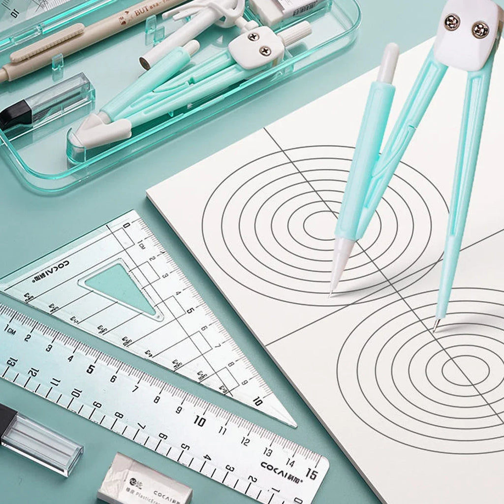 Kawaii 9pcs Ruler Set for Exams Geometry Compass Straight Edge & Protractor Portable Math Drawing Tools Stationery Supplies