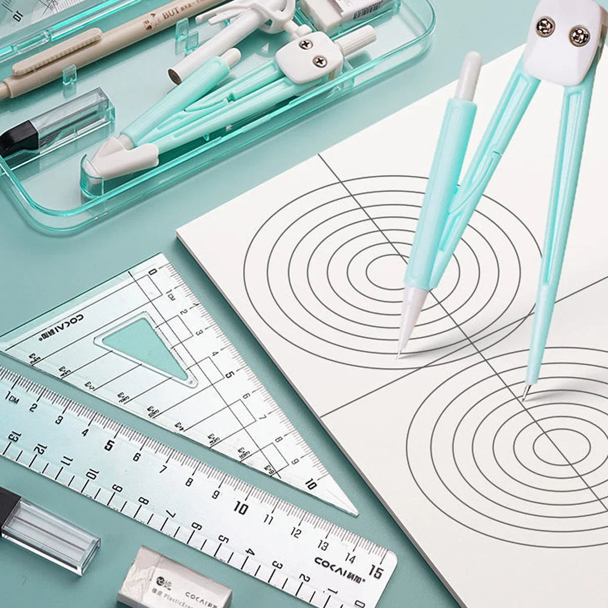 Kawaii 9pcs Ruler Set for Exams Geometry Compass Straight Edge & Protractor Portable Math Drawing Tools Stationery Supplies
