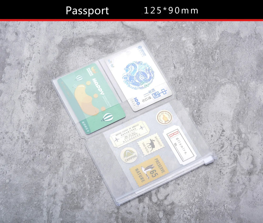 Traveler's Notebook PVC Storage Bag Pouch with Zipper Card Pocket Portable A5/Standard Size Passport Folder - 4 Sizes Available