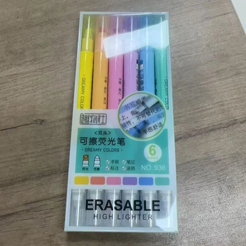 6pcs Erasable Highlighters Pastel Markers Dual Tip Fluorescent Pen for Art Drawing Doodling Marking School Office Stationery