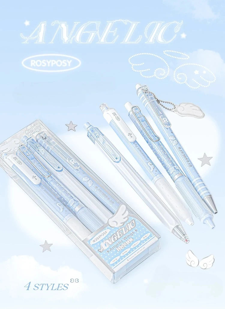 4pcs/set Pearl Angel Gel Pen Set Cute Exam Pens with Wing Design Kawaii Cartoon 0.5mm Black Ink for Kids Back To School Student