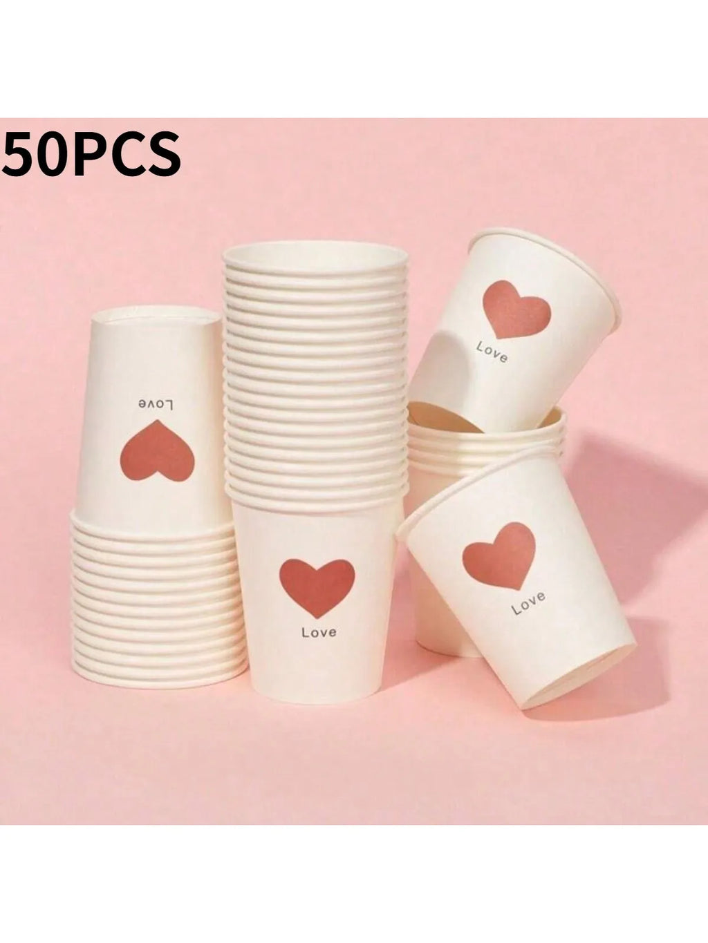 50 Simple Love Pattern Paper Cups, Thickened Office Home Commercial Beverage, Anti-Slip Leak-Proof 250ML Disposable Paper Cups