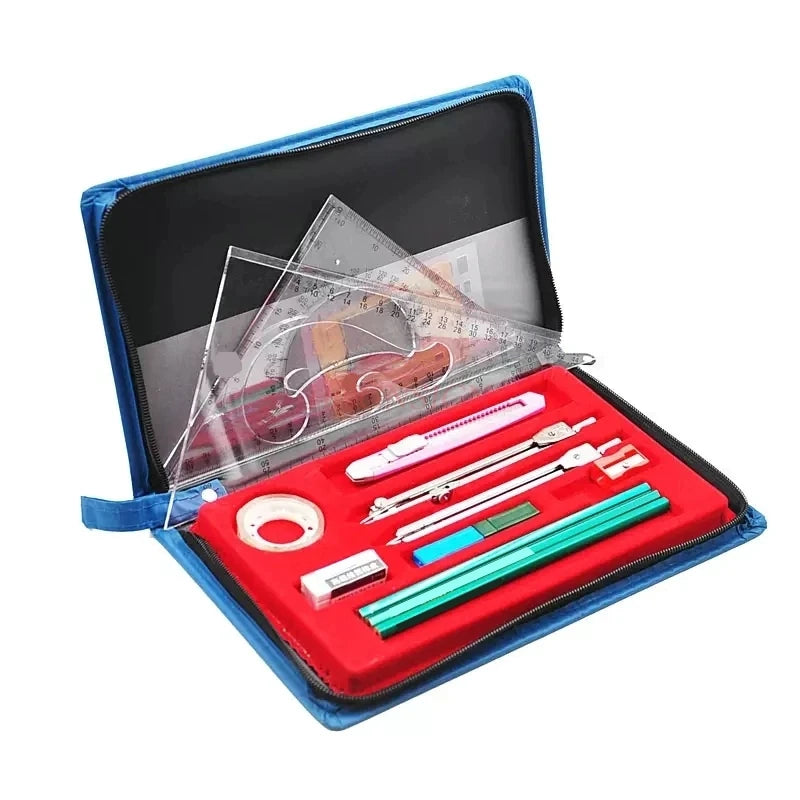 1set Plotter Student Combination Practical Mechanical Construction Engineering Drawing Tool Kit Triangle Ruler Large Compass Set