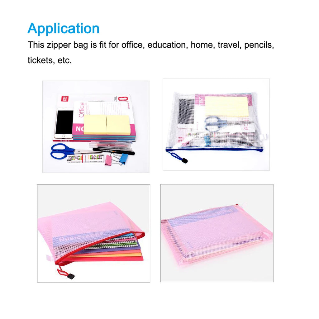6Pcs Waterproof PVC Mesh Zipper Pouch A5/A6/B6/B8 Size File Document Pockets Bill Bags Folders for Office Home Stationery Supply