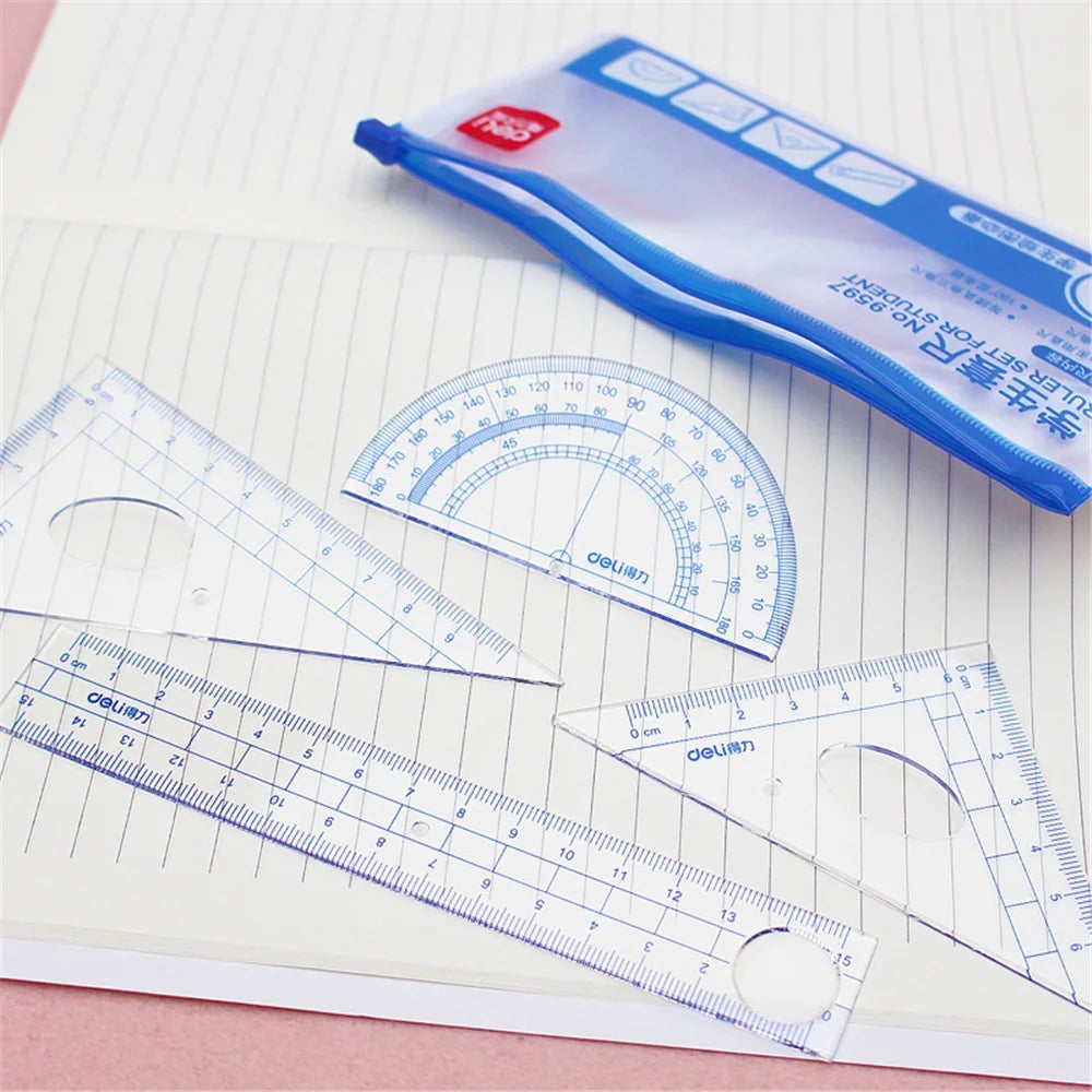4-Piece Essential Geometry Set-Accurate Protractor, Straightedge Ruler, Triangle Ruler, and Perfect for Students and Architects