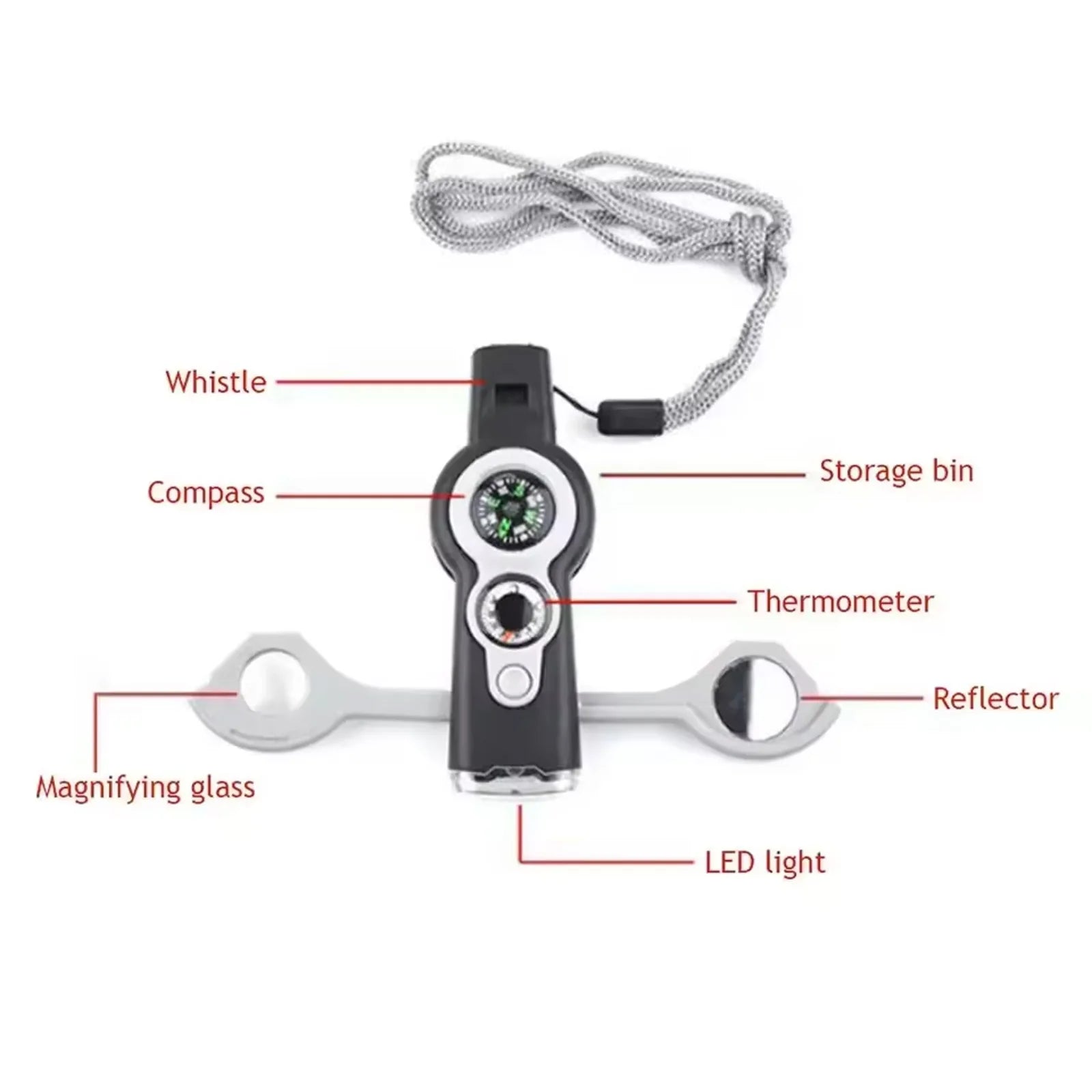 Emergency Survival Whistle 7 In 1 With LED Light Compass And Thermometer Outdoor Emergency Kit For Hiking Camping Compass Tool