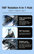 4-Port USB 3.0 Hub [90°, 180° Rotatable], USB Splitter, 3 USB Ports and 1 USB C Power/Data Port, USB Extender for Laptops, Cars,