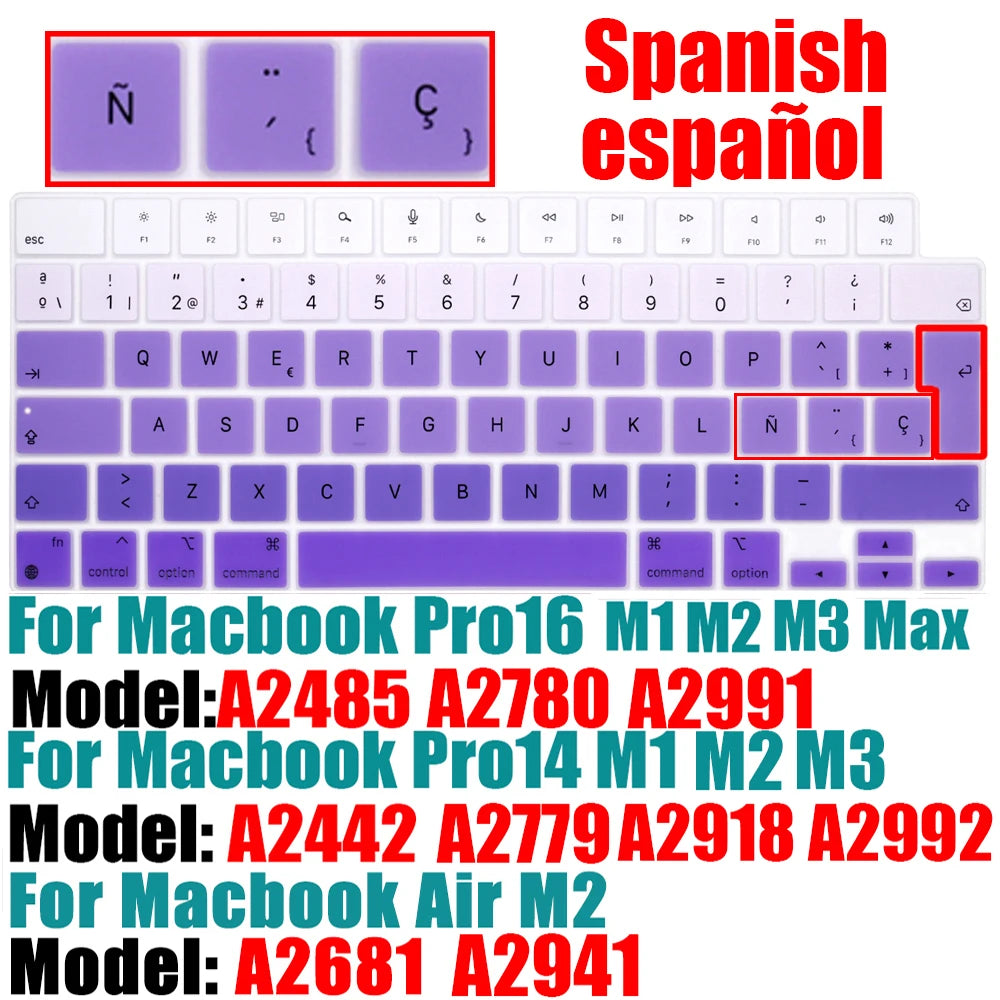 Spanish Keyboard Cover for MacBook Air 13.6 15.3 inch A2681 A2941 A2337 M3 M2 M1 Pro14" 16" A2442 A2779 A2918 A2992 A2485 A2991