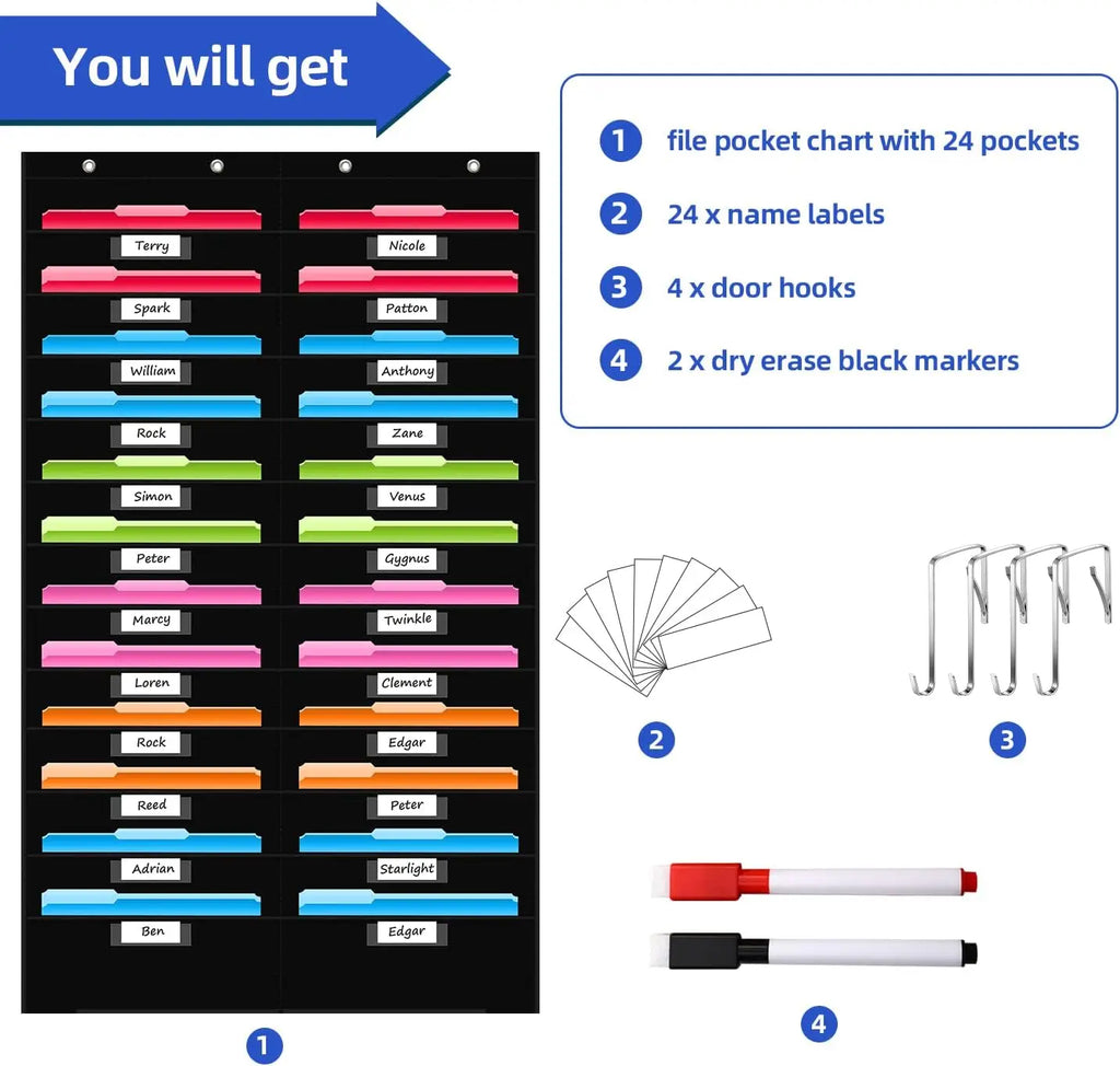12 Pocket File Storage Chart Wall-Mounted Organizer with Hooks And Labels for  Office Organization Hanging Pocket Folder Rack