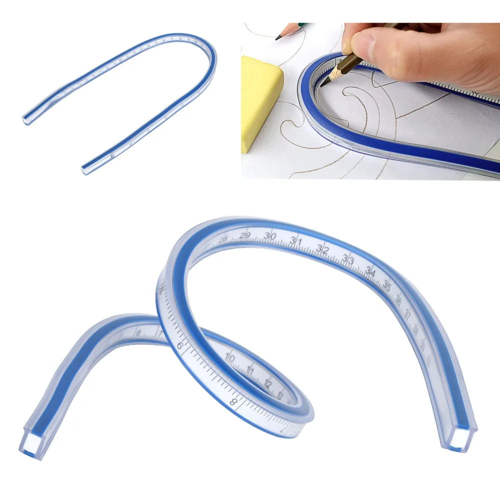 Durable Bendable Flexible Curve Ruler Double Side Graduated Plastic Metric Ruler Blue White Soft Measuring Tool Sewing