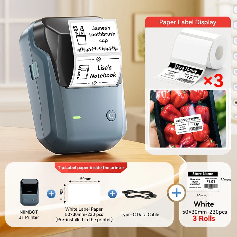 Portable Niimbot B1 Wireless Label Maker Adhesive Sticker Printer Labeling Machine DIY 20-50mm Labels for Office Home