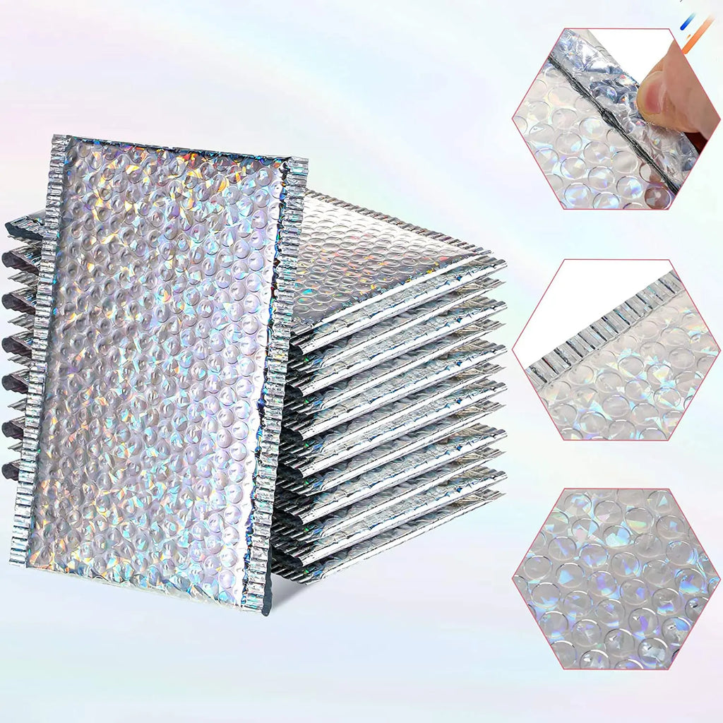 100Pcs Holographic Mailer Laser Silver Mailing Envelope Waterproof Courier Bag Padded Bubble Envelope Packaging Bag for Shipping