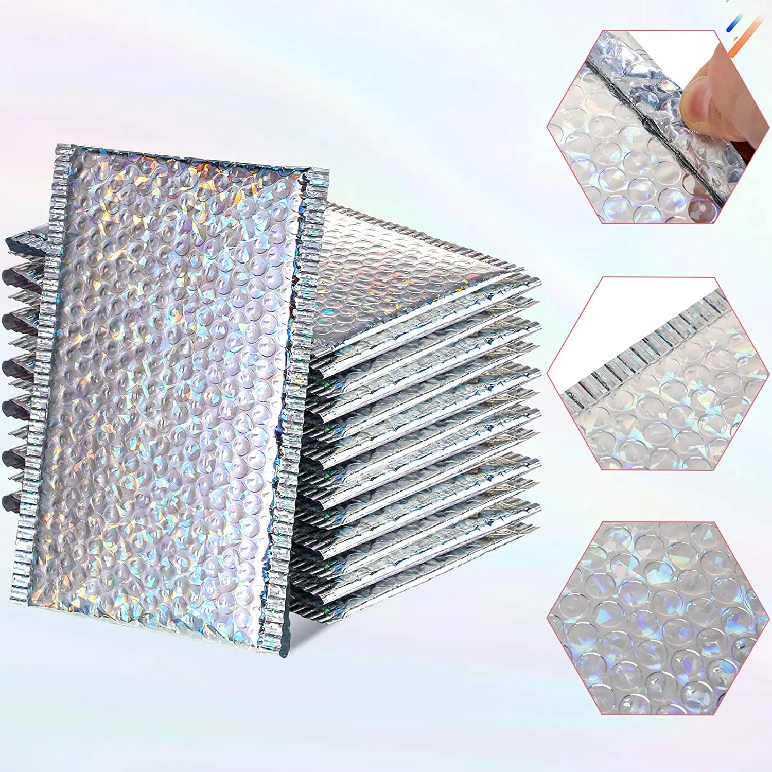 100Pcs Holographic Mailer Laser Silver Mailing Envelope Waterproof Courier Bag Padded Bubble Envelope Packaging Bag for Shipping