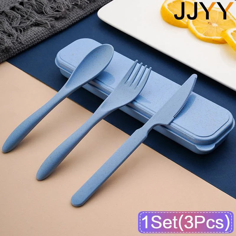 JJYY 1Set(3Pcs) Creative Portable Cutlery Set With Case Knife Fork Spoon Set Students School Office Home Travel Supplies