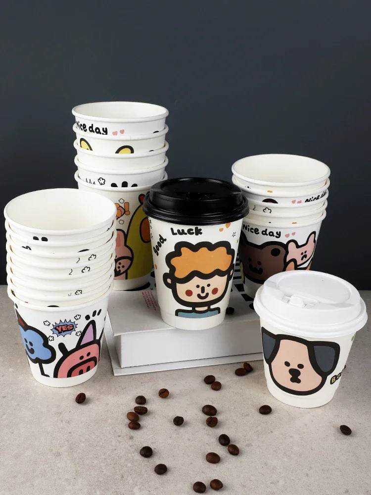 25pcs 90 Caliber Disposable Coffee Cups Fresh Milk Hot Drink Thickened Cartoon Paper Cup Milk Tea Takeaway Packag Cup with Lid