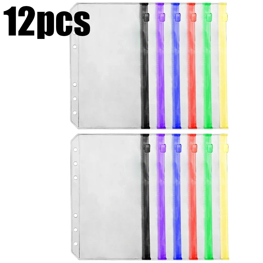 2/6/12Pcs Waterproof A6 6-Hole Binder Pockets Waterproof PVC Cash Budget Envelopes Zipper Binder Pouches for Notebook Planner