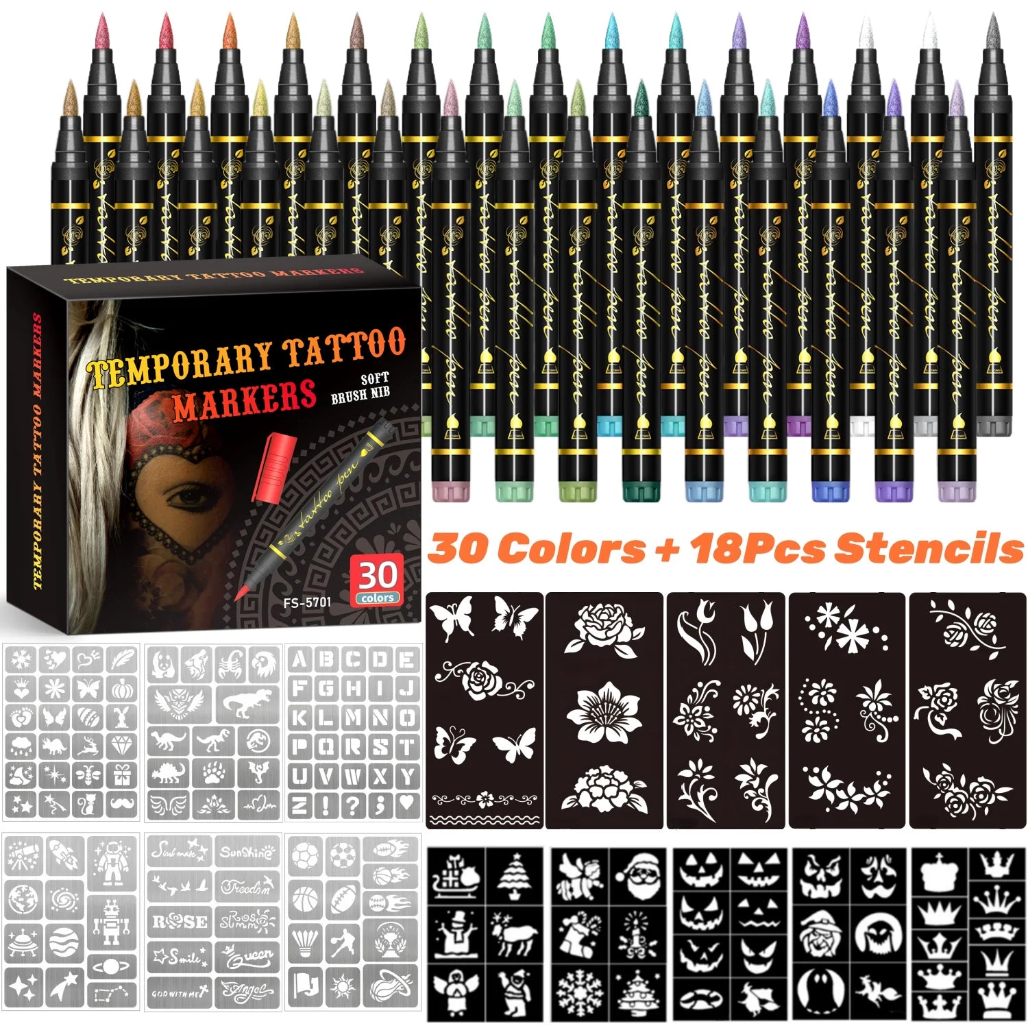 Temporary Tattoo Markers for Skin,10 Colors Tattoo Pens,Brush Tip,Bright colors,Face Paint Kit Cosmetic Quality,Halloween makeup