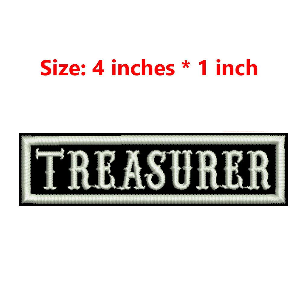 4 Inches Wide Iron On Embroidery White Texts And Border Name Tag PRESIDENT,ORIGINAL,SECRETARY,ROAD CAPTAIN,MEMBER,V. PRESIDENT