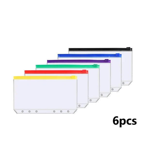 A6 6-Hole Binder Pockets Waterproof PVC Cash Budget Envelopes Zipper Binder Pouches for Notebook Planner Journey Binders