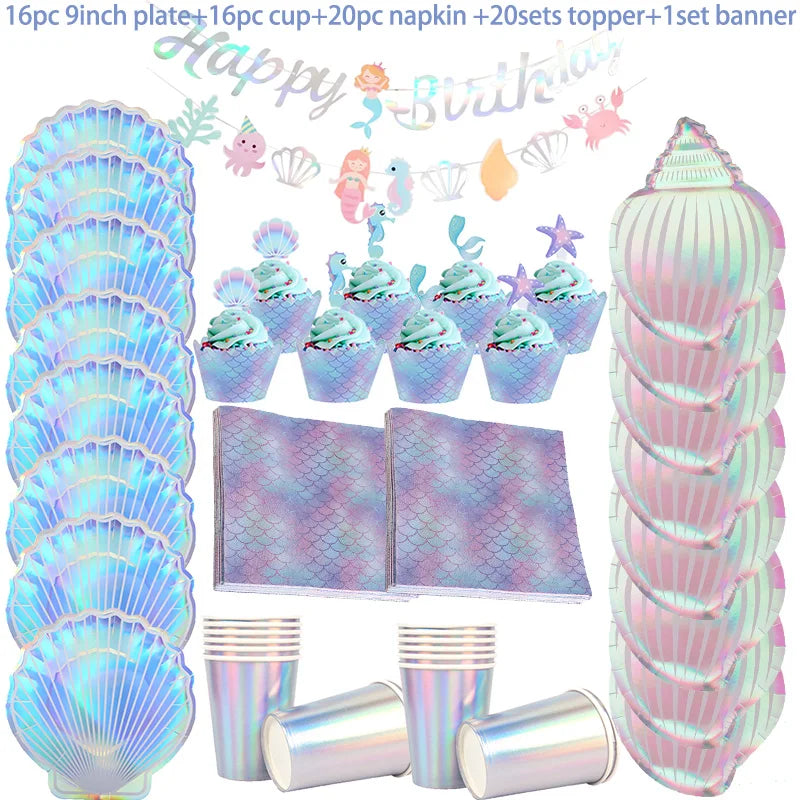 Mermaid Party Decorations Supplies Mermaid Disposable Plates Cup Napkins Set for Girls Baby Shower Mermaids Princess Birthday