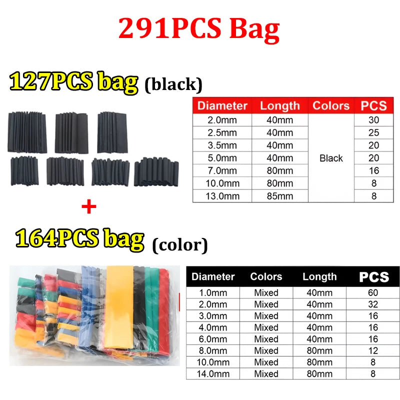 Black Heat Shrink Tube Kit Thermoresistant Tubing Shrink Wire Wrapping Electrical Connection Cable Insulation Sleeves Protecter