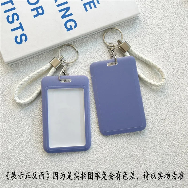 1Pc Solid Color Student Bus ID Card Protective Cover Keyring School Access Door Card Credit Card Holder Bag Set Key Chain