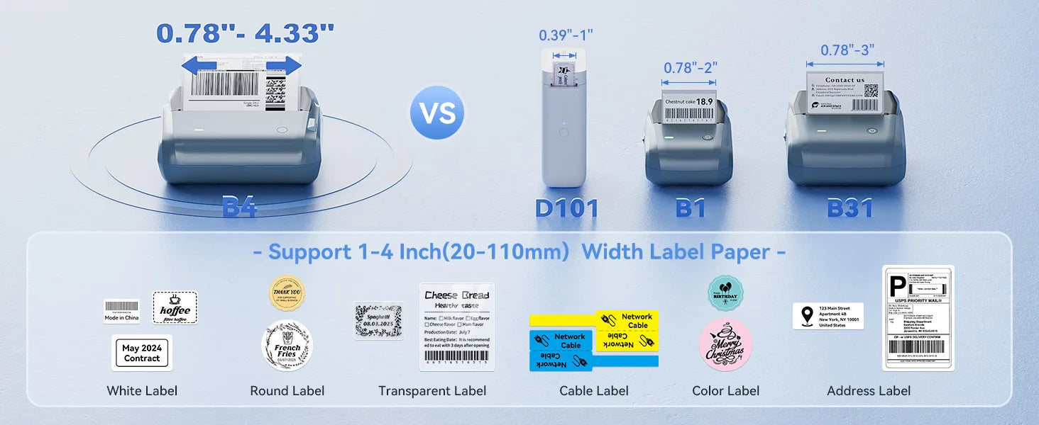 NIIMBOT B4 Potable 4inch Label Printer 20-110mmm Print Width Label Shipping Barcode Sitcker Big Size Multiple Devices Connected