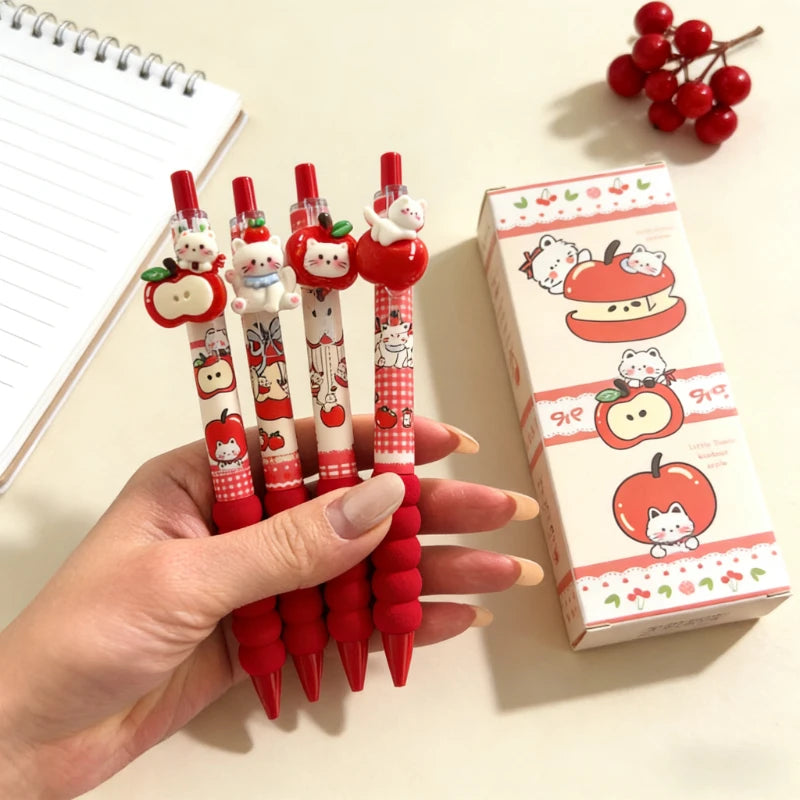 4Pcs Kawaii Apple Cat Gel Pen 0.5mm Black Ink Gel Pens Soft Grip Student Writing Pen Cute Stationery School Office Supplies
