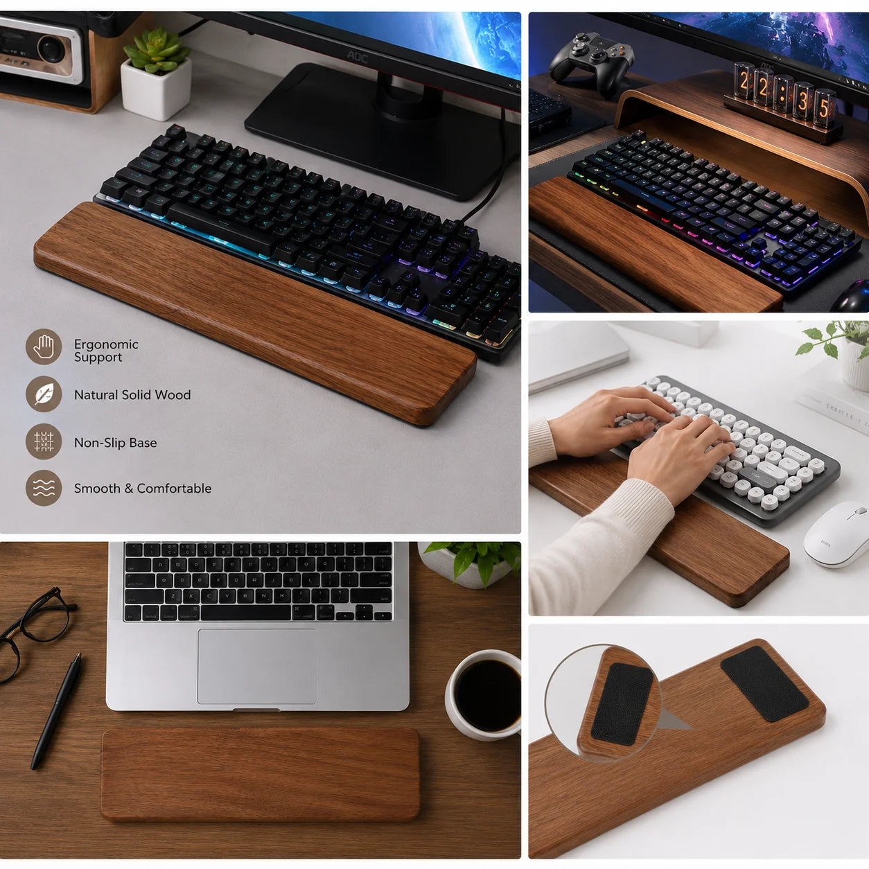 Solid Wood Keyboard Wrist Rest for 87 Key Mechanical Keyboard, Ergonomic Wooden Palm Rest with Non Slip Base
