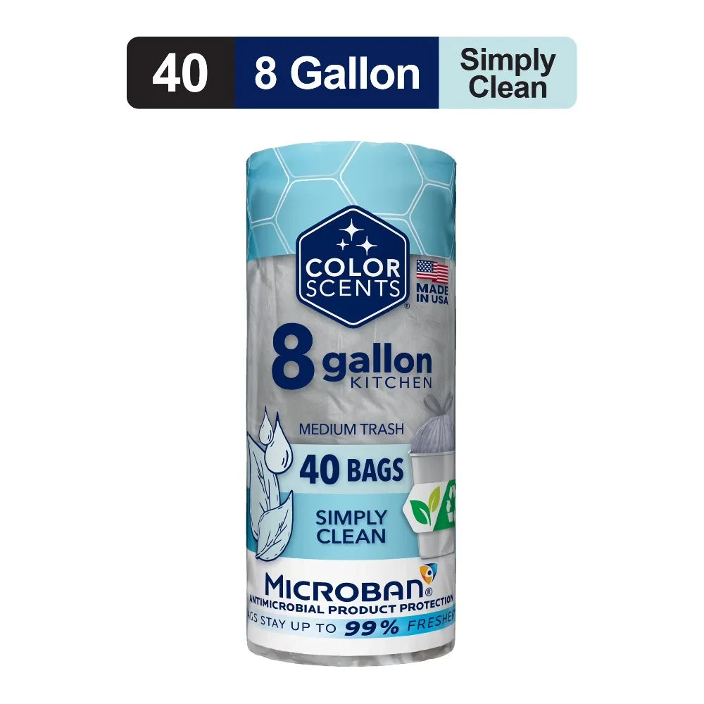 Medium Drawstring Trash Bags with Simply Clean Scent, 8-Gallon, 40 Count, Microban Protection