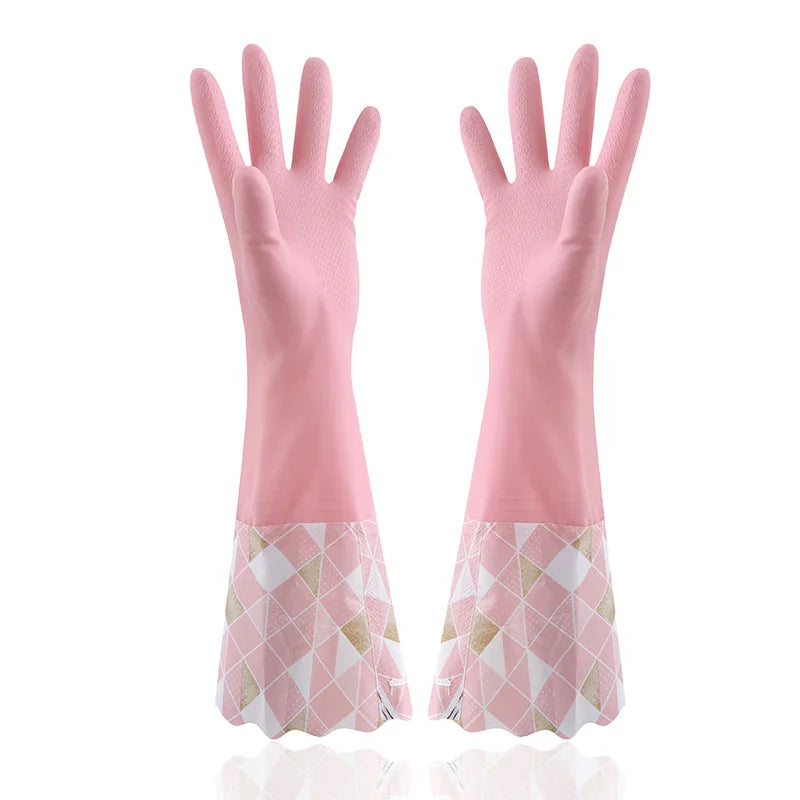 Waterproof Rubber Latex Velvet Gloves, Durable, Cleaning, Washing Clothes, Household, Kitchen, Winter