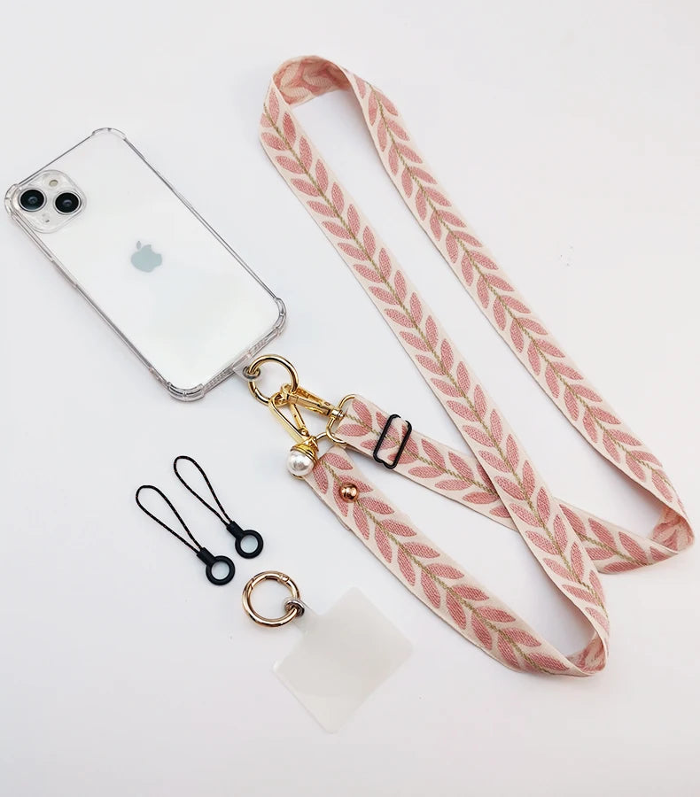 Adjustable Crossbody Long Mobile Phone Lanyard Wide Cloth Neckband Strap Rope Women's Pearl Hanging Ornaments Anti-Lost Lanyard