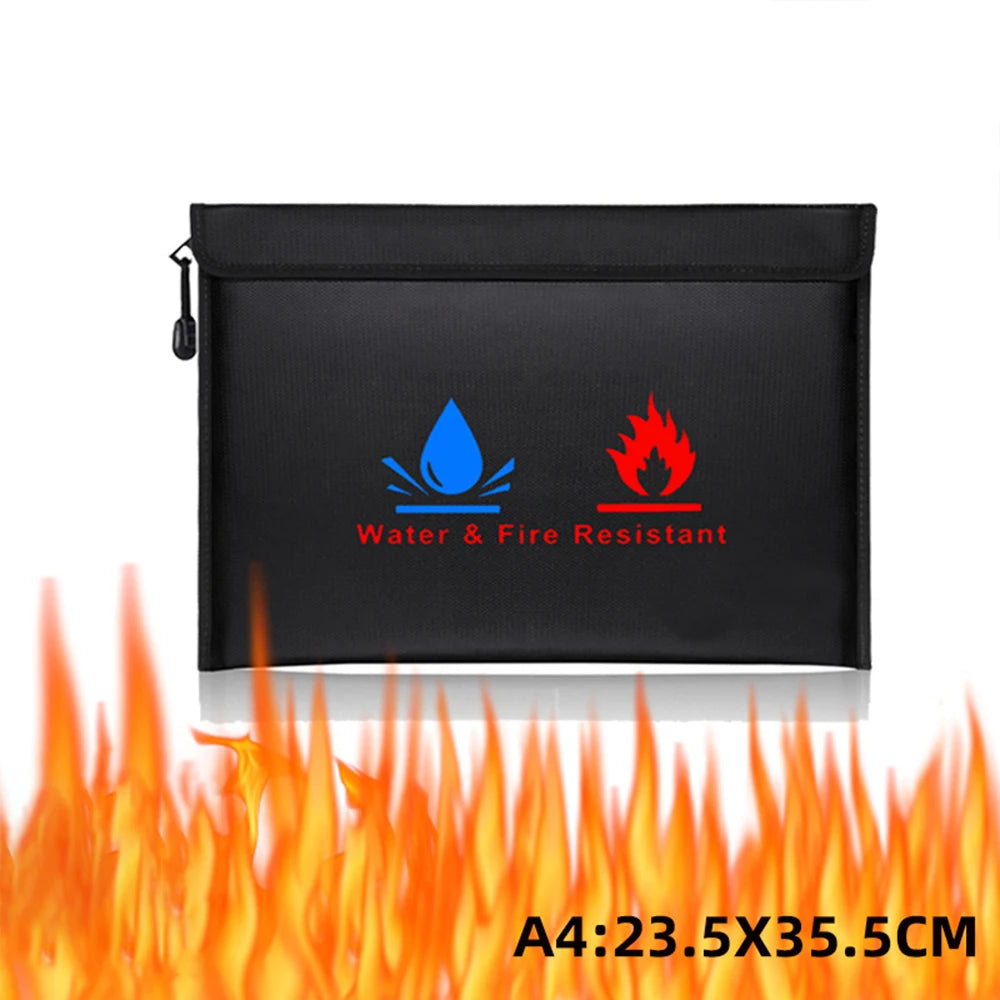 Fireproof & Waterproof Bag, File Storage Bag with Zipper Reusable Pouch for Certificates, Money, Cards (Black, Silver)