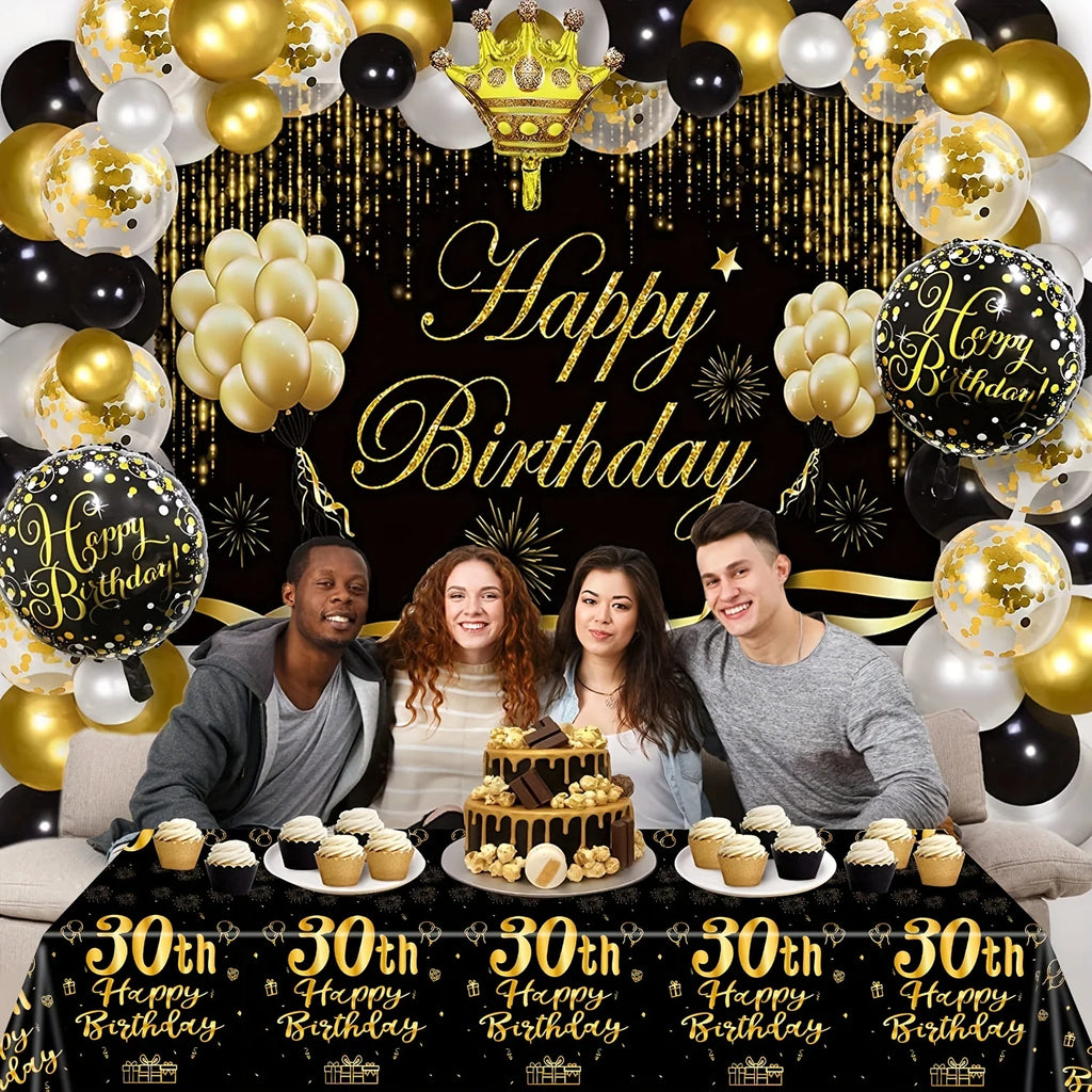 Happy Birthday 30 Year Old Disposable Tableware Black Gold Plate Tablecloth Banner For 30th Birthday Party Decorations  Supplies