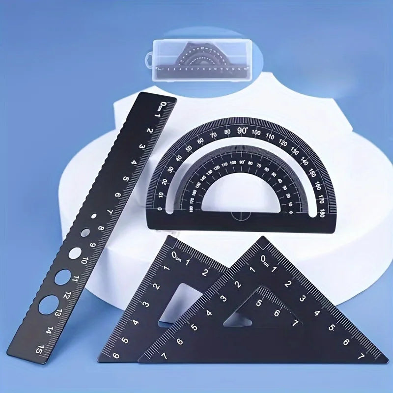Metal Geometry Ruler Set, 4Pcs Precision Measuring Kit with Triangle, Protractor & Storage Case for School,Math Exams & Drafting