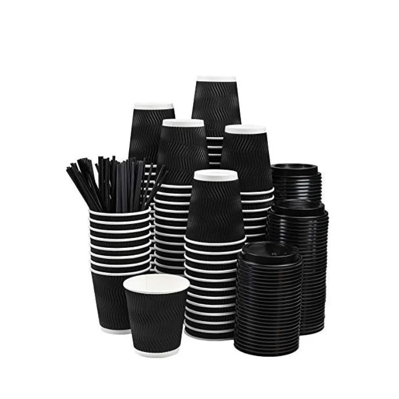 Double-Walled Paper Cup with Lids,Coffee Tea Hot Drinks Disposable Cups To Go Cups