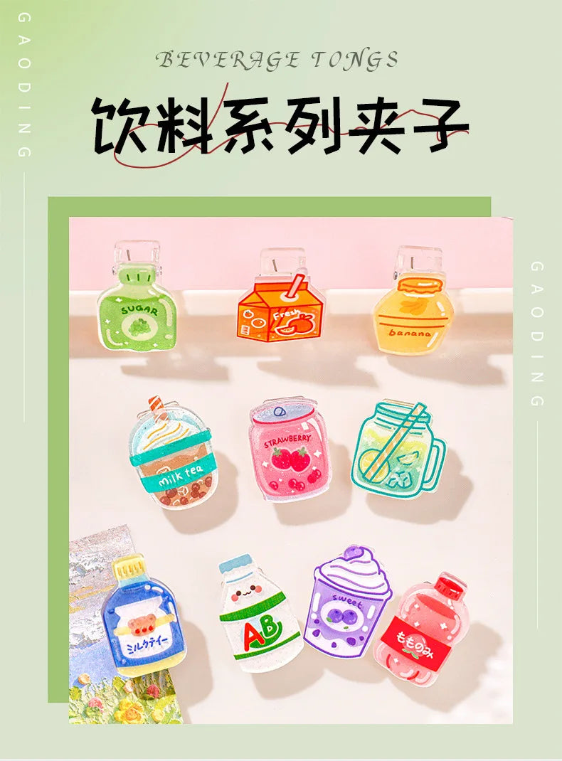 5pcs/lot Cartoon Beverage Bottle Clips Cute Acrylic Decorative Clips, Student Stationery Gifts, Test Paper Clips Ins Small Clips