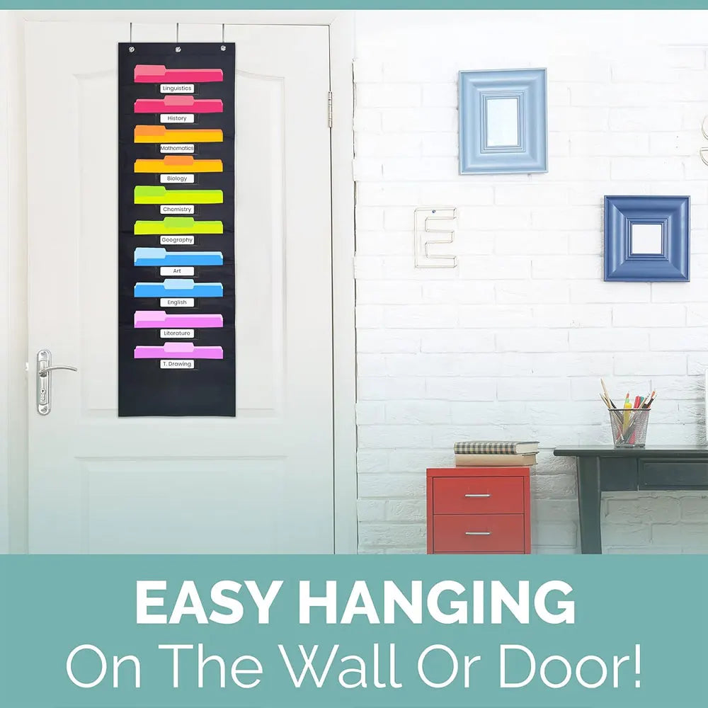 10 Pocket All Black Hangable File Organizer with 3 Hooks for Easy Storage of Files, Test Papers, Scrapbook Papers and More.