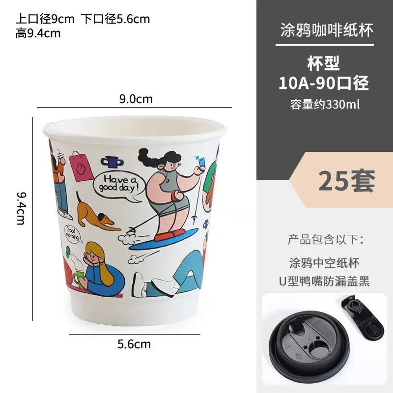 50pcs Cartoon Graffiti Coffee Cups 90 Caliber Disposable Fresh Milk Juice Paper Cup Milk Tea Hot Drink Takeaway Packaging Cup