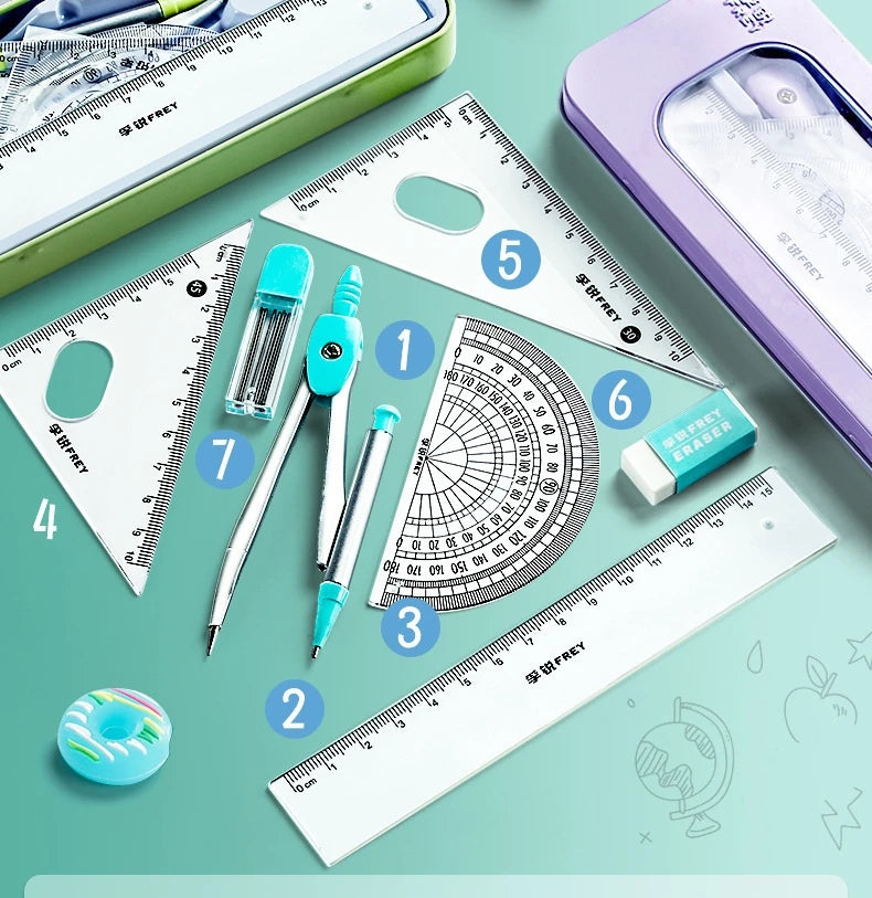 7Pcs/Set Student Compass Set School Mathematical Rulers Multi-Function Learning Professional Drawing Tool Girls Gifts Stationery