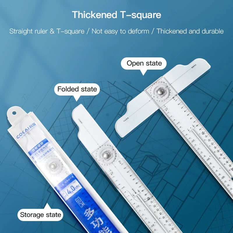 2/1pcs Multifunction Rotatable T-Square Ruler 4mm Thicken Plastic Math Line Circular Transparent Folding Geometric Drawing Ruler