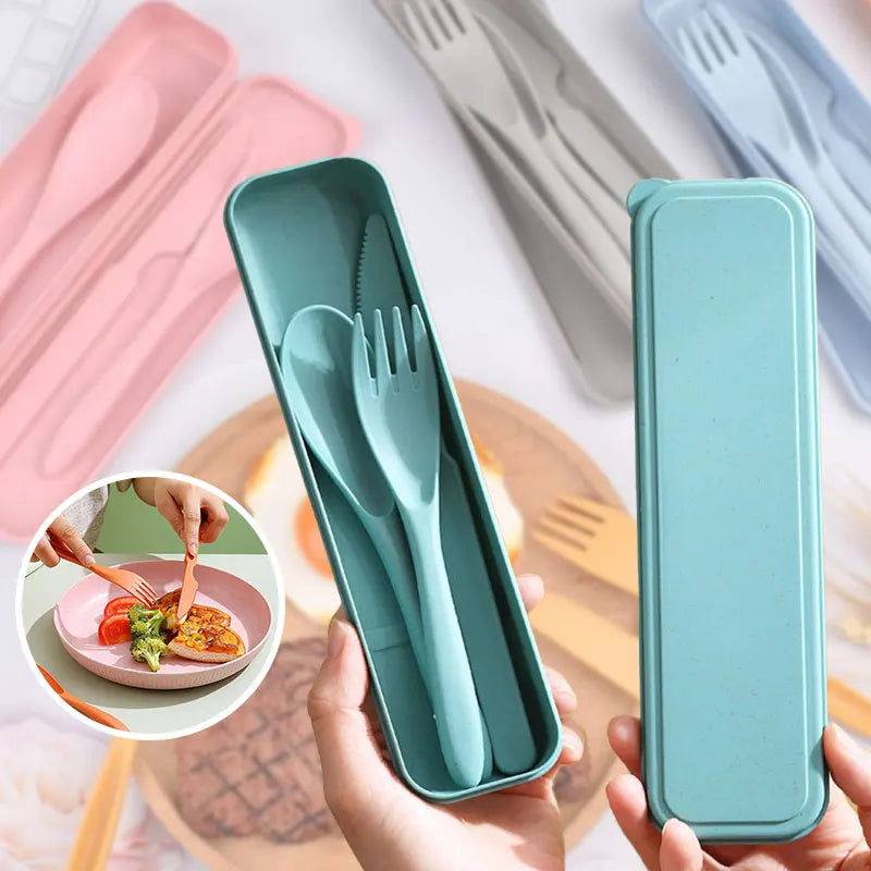 3In1 Wheat Straw Dinnerware Set Portable Reusable Cutlery Sets Knife Fork Spoon Chopsticks Travel Utensil Box Camping Tableware