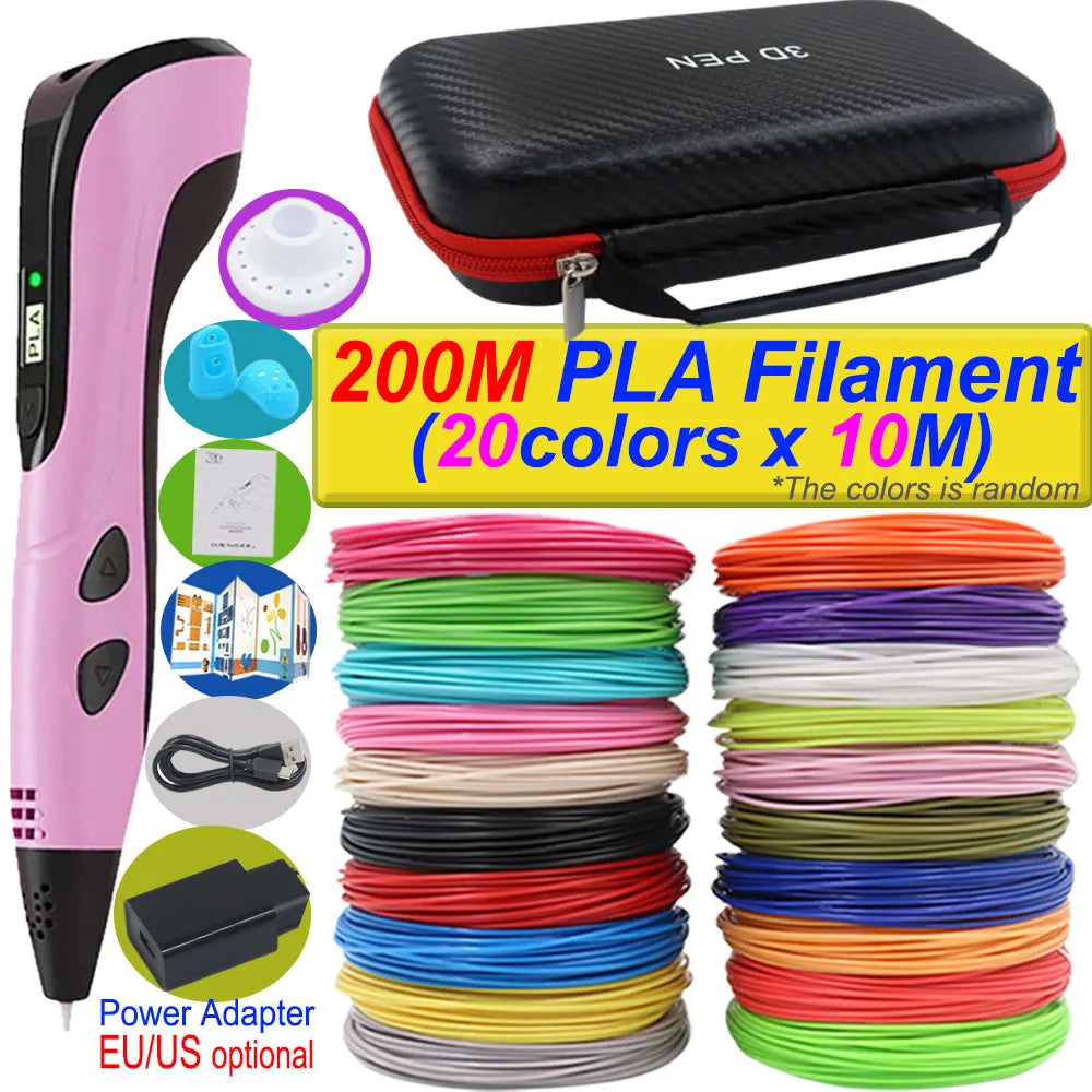 2026 New 3D Printing Pen DIY Three-dimensional Painting Children Toys With LCD Screen Power Adapter 200M PLA Filament Toys Gift