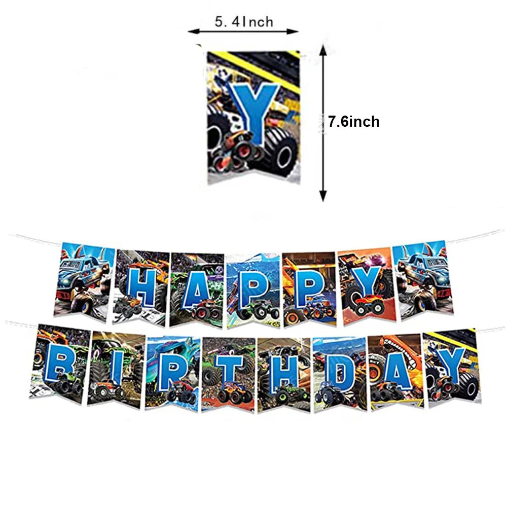 Monster Truck Party Supplies Disposable Tableware Plates Napkin Banner Tablecloth for Kids Boys 2nd Birthday Party Decorations