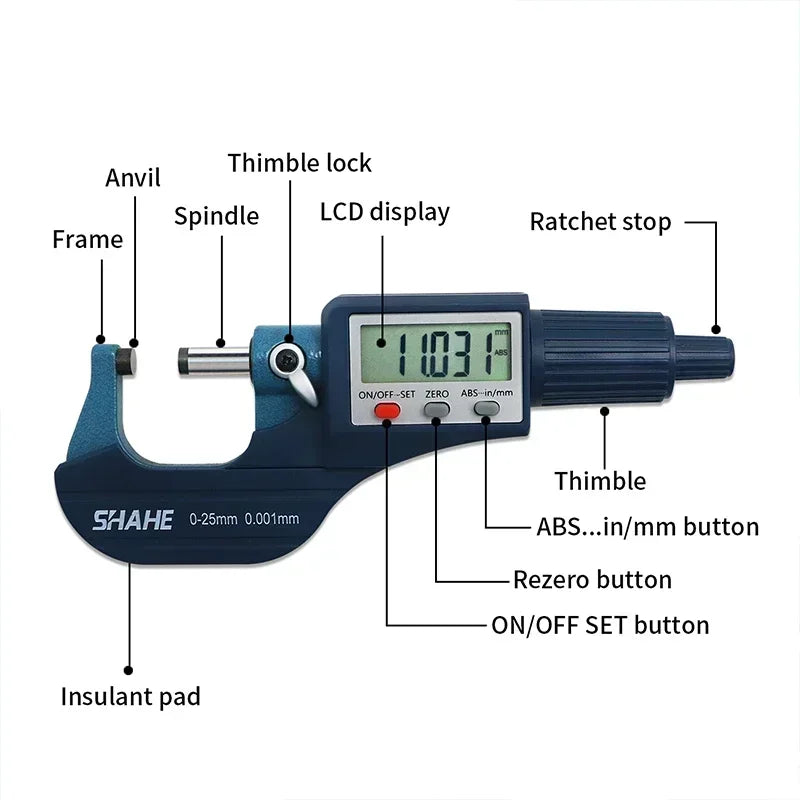 Shahe 0-25/25-50/50-75/100 MM Micron Digital Outside Micrometer Electronic Micrometer Gauge 0.001 MM Digital Tools Caliper