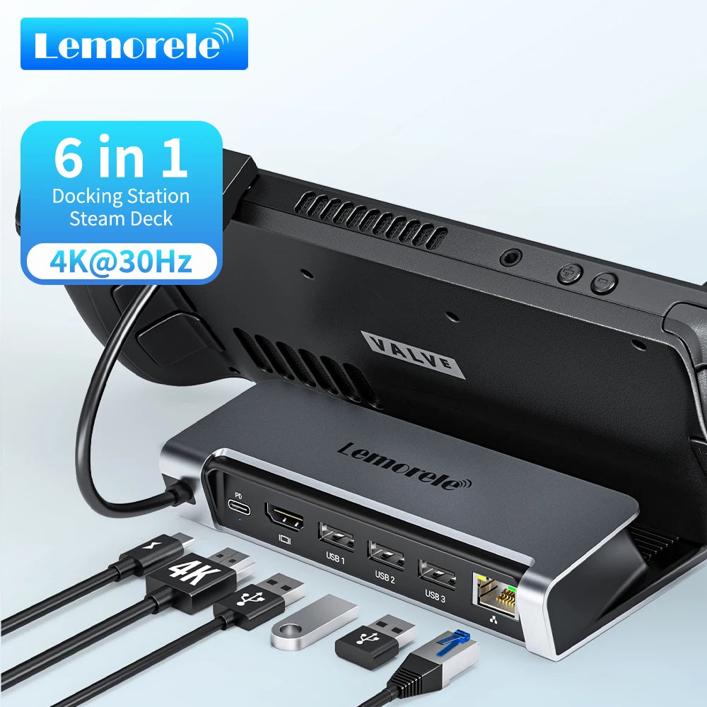 Lemorele X23L 6 IN 1 USB C Docking Station for Steam Deck 4K HDMI RJ45 1000M PD 100W Dock Switch for Projector PC TV USB C HUB