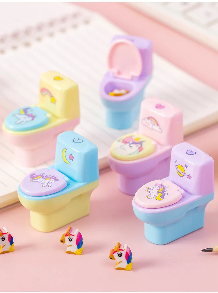1 Piece Lytwtw's Stationery Pencil Sharpener Creative Toilet Shape Cartoon Unicorn School Supplies Gift Accessories with Eraser