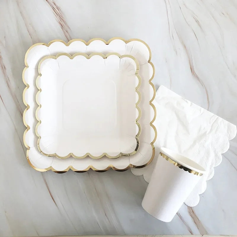 Gold and White Disposable Tableware Set with Paper Plates, Straws, and Cups, Perfect for Birthdays, Weddings, Baby Showers